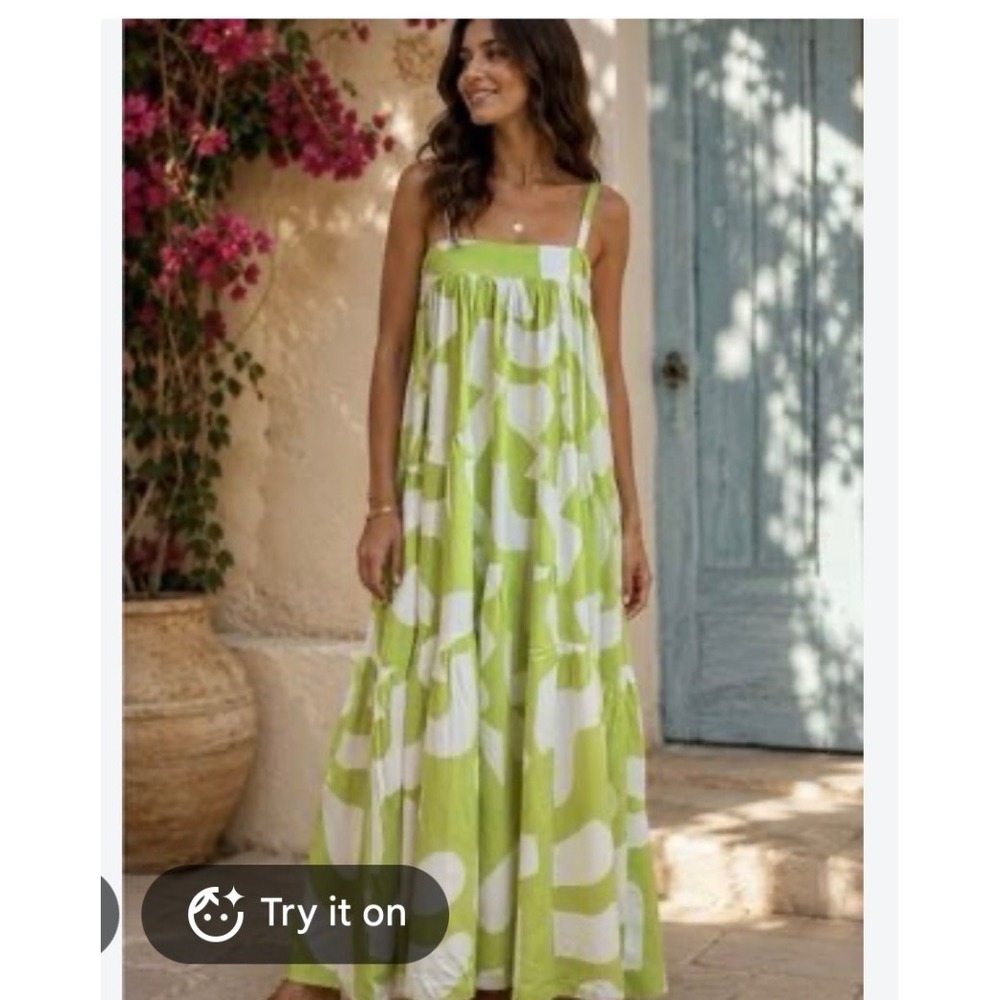 Abel The Label Green White Abstract Tiered Maxi Dress Size M Sleeveless Rayon